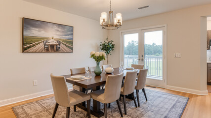 Fototapeta premium Hosting-ready dining room, cozy living room hosting setup, minimalist hosting table