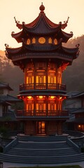 Fototapeta premium Dong Ethnic Drum Tower Bathed in Golden Sunset Light in Zhaoxing, Guizhou