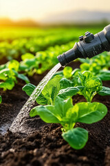 A drip irrigation system efficiently delivers moisture to rows of lush green vegetables, as droplets cascade over leaves, creating a tranquil and refreshing atmosphere during golden hour