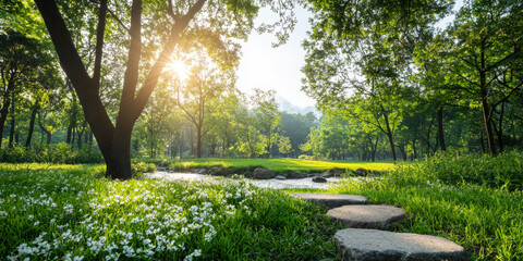 serene park at sunrise with golden rays filtering through trees, lush greenery, and peaceful stream