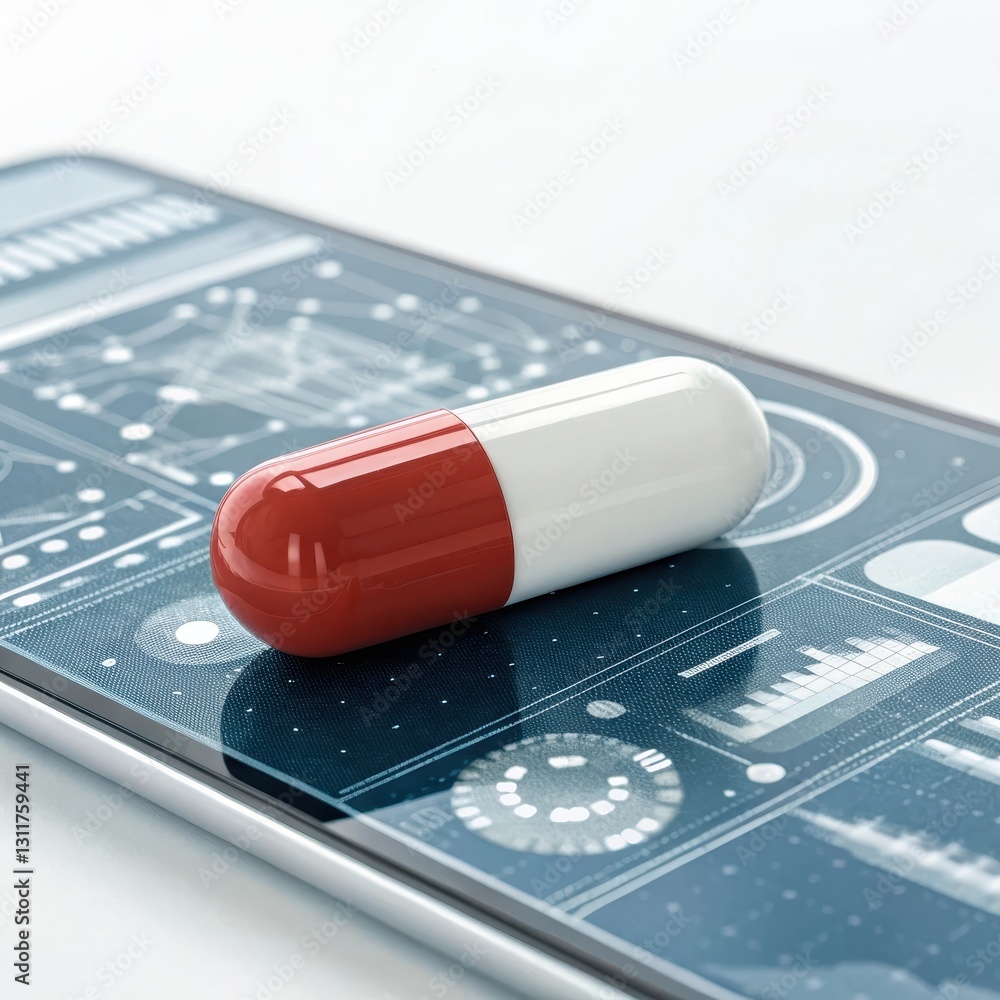 Poster pill on smartphone screen with data visualization background.