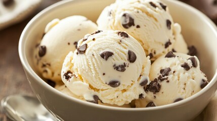A mouthwatering close-up of three scoops of vanilla ice cream generously sprinkled with chocolate chips, served in a white bowl. Perfect for food blogs, menus, and dessert advertisements.. AI