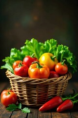 Rustic basket overflowing with vibrant organic vegetables , farm fresh, farm to table, green