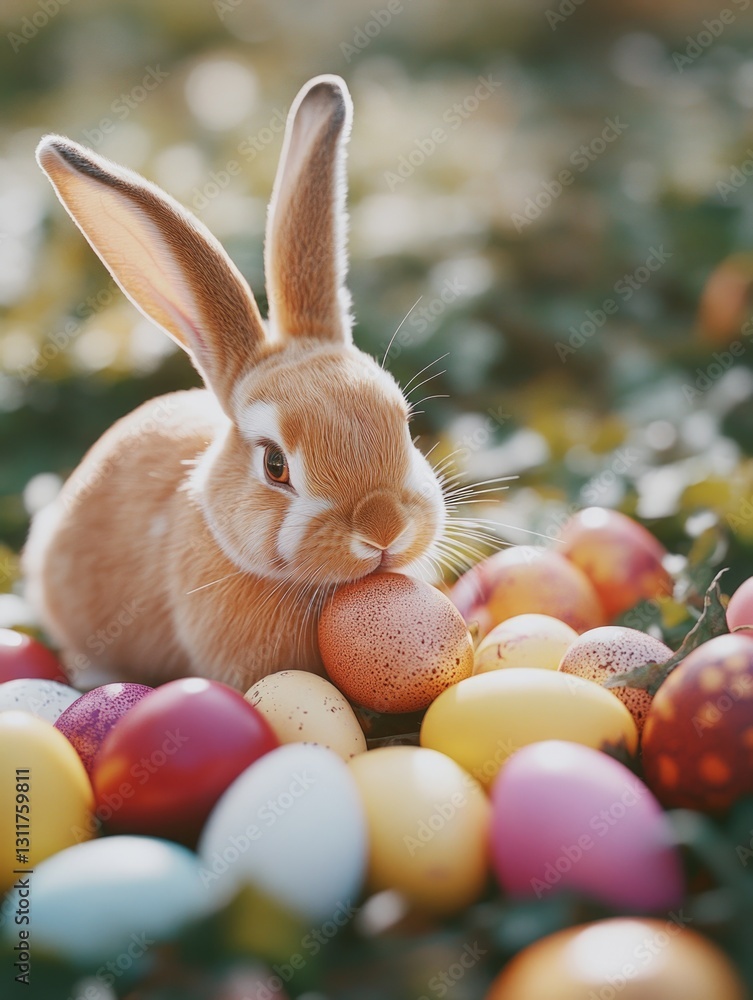 Poster a rabbit is eating a bunch of easter eggs. the eggs are scattered around the rabbit, and some are in