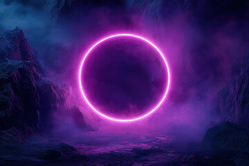 A circular neon portal, radiating a soft glow, appears to be emerging from a dense, smoky void. The center of the portal is left open, making it a perfect space for text or creative elements.