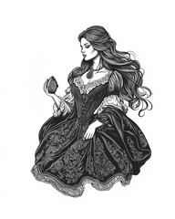 Fototapeta premium Enigmatic woman with long flowing hair in a Victorian lace gown, holding an ornate pocket watch, engraving and scratch board style sketch, black and white illustration