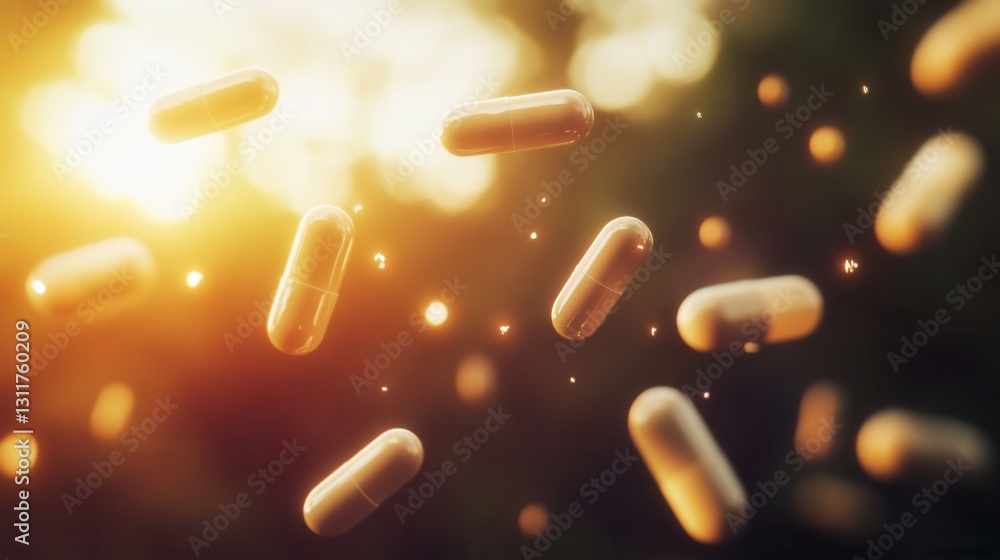 Fototapete floating capsules suspended in zero gravity with soft shadows and cinematic lighting create an abstr