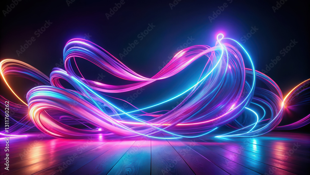Poster vibrant display of glowing neon ink swirls in dark space, creating mesmerizing effect