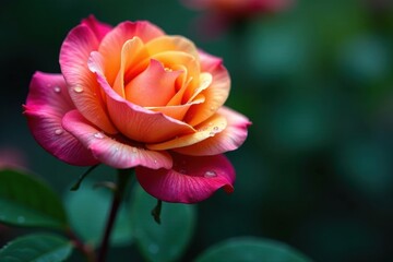 Single rainbow rose, tiny water beads, macro shot, stock image, botany, plant