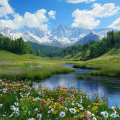 alpine lake in the mountains, lake under the snow-capped mountains