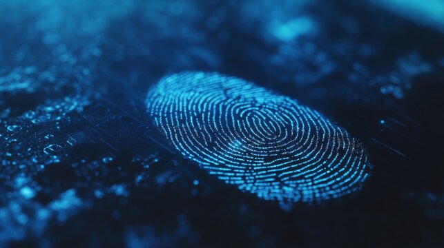 A detailed close-up view of a glowing biometric fingerprint pattern on a digital surface. The futuristic blue tones convey themes of security, identity verification, and modern technology.. AI