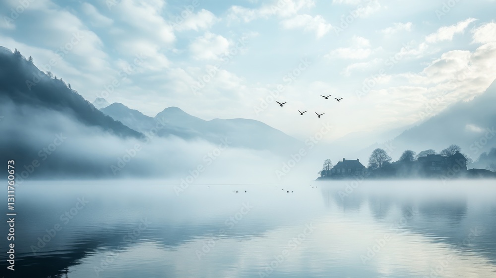Poster a calm lake enveloped by mist with mountains in the background and birds soaring through the foggy s