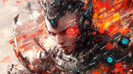 sci-fi warrior with digital interface and mechanical limbs