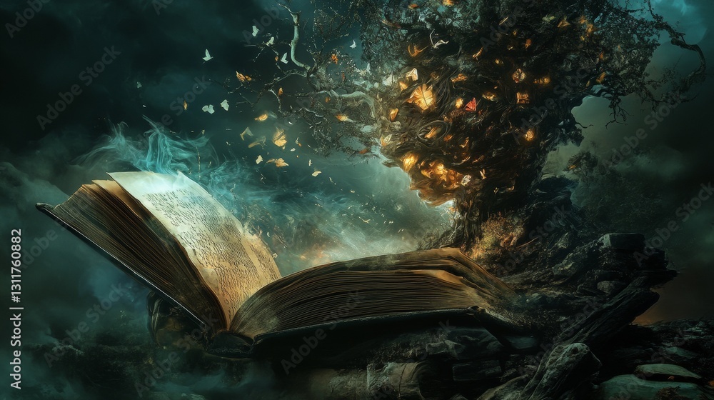 Poster a mystical tree with glowing lights and swirling butterflies grows from an open book, symbolizing th