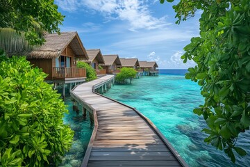 Beautiful tropical resort with overwater bungalows surrounded by clear turquoise waters and lush greenery
