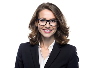 Fototapeta premium Confident businesswoman in a tailored black blazer, professional hairstyle, stylish glasses, warm and approachable smile, isolated on a white background