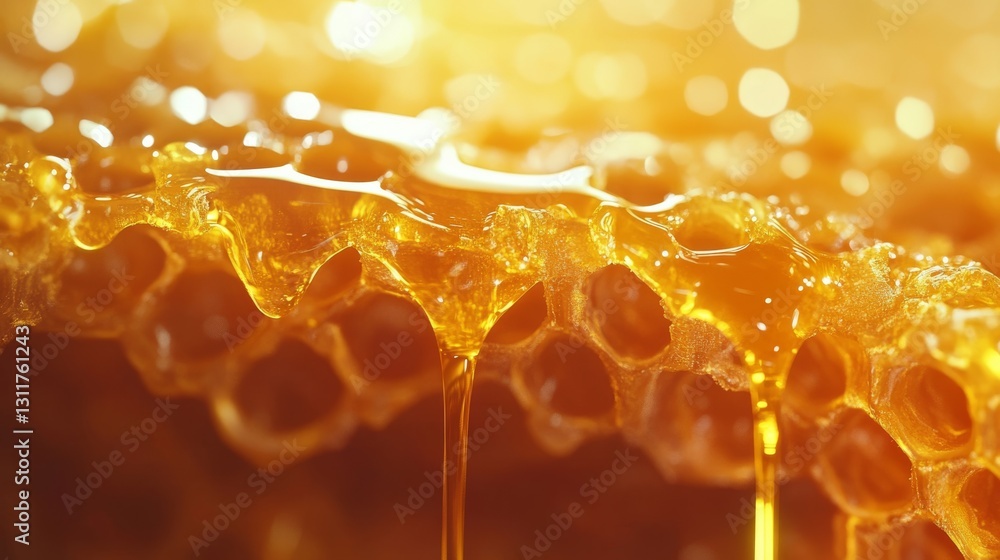 Poster detailed macro of a honeycomb structure with rich golden honey dripping from the cells, emphasizing 