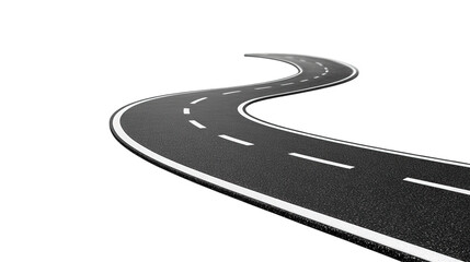a smooth. curved road with white lane markings on a clean. minimalistic background the design emphasizes the road's winding nature. suggesting movement and travel it serves as a visual representation