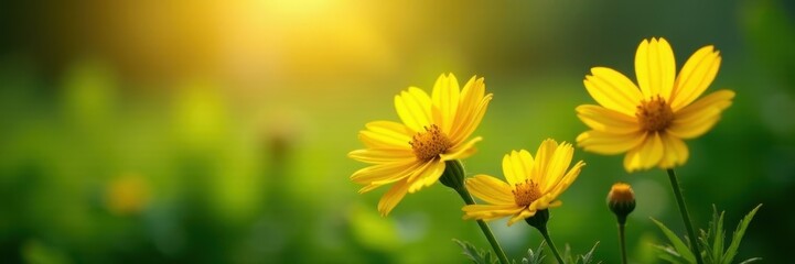 Fototapeta premium Three sunlit yellow flowers amongst green foliage, summer, natural