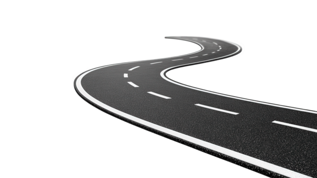 a smooth. curved road with white lane markings on a clean. minimalistic background the design emphasizes the road's winding nature. suggesting movement and travel it serves as a visual representation