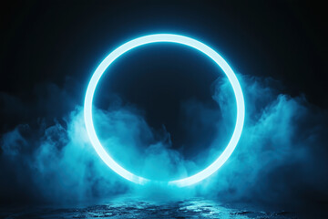 A circular neon portal, radiating a soft glow, appears to be emerging from a dense, smoky void. The center of the portal is left open, making it a perfect space for text or creative elements.