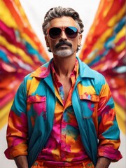 man in colored shirt on colored background wearing dark sunglasses, style