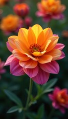 Vibrant orange & purple petals, sunny yellow core, fall, blossom