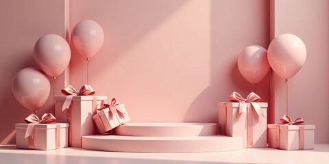 Pastel Pink Celebration Balloons, Gifts, and a Podium for a Festive Presentation