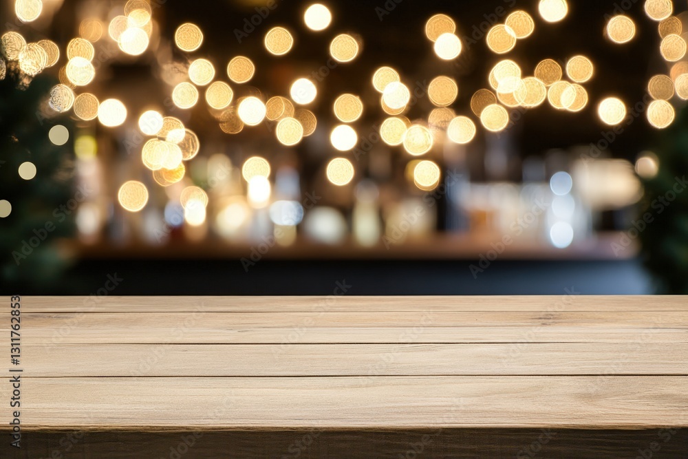 Poster a wooden tabletop in the foreground with blurred bokeh lights in the background, creating a warm and
