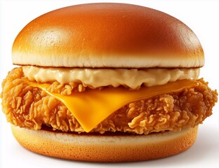 Crispy fried chicken sandwich with melted cheese and creamy sauce served on a soft bun