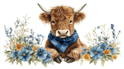 Blue watercolor drawing of a bull in a field wearing a cowboy hat.