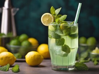 morning refreshing mojito with lemon and mint in a gla