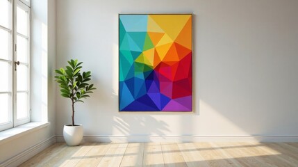Vibrant Abstract Geometric Artwork Adorns Minimalist Room Featuring Sunlight and Simple Plant