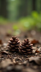 A cluster of closed pine cones on forest floor, pile, evergreen