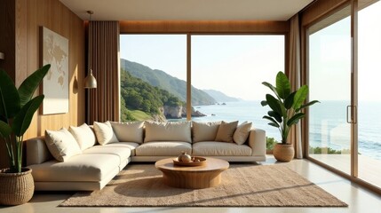 Fototapeta premium Coastal Living Room Design with Ocean View and Natural Decor