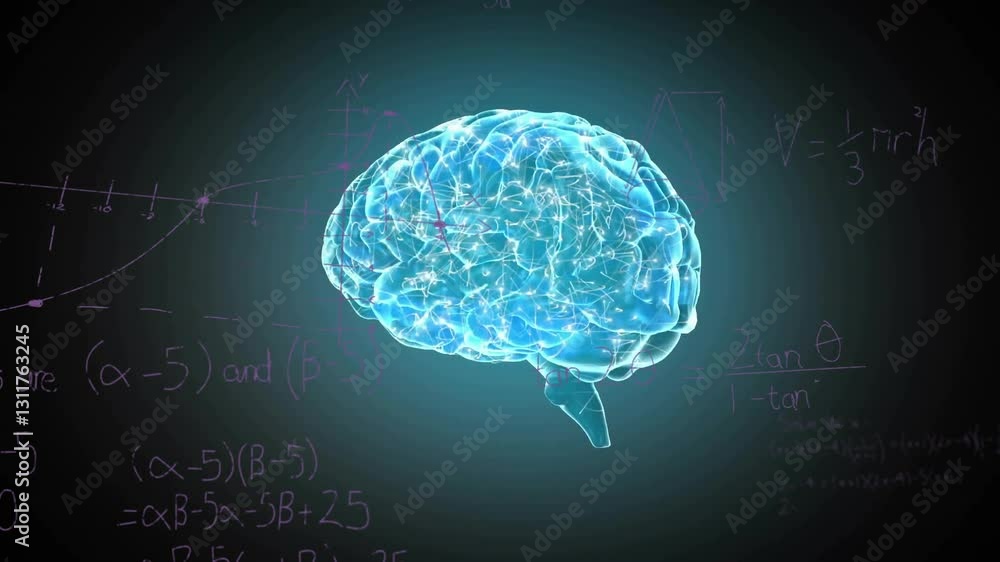 Aufkleber animation of glowing brain with mathematical equations in school setting