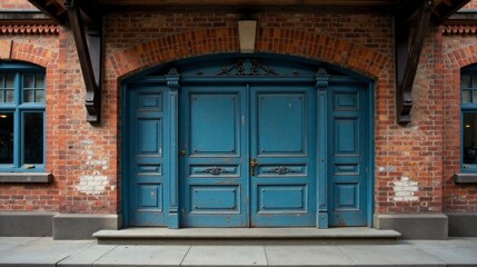 Obraz premium A weathered teal double door set within an aged brick archway, showcasing elegant architectural details and a worn, rustic charm.