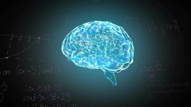 Animation of glowing brain with mathematical equations in school setting