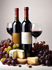 On the table there is one bottle of red wine and two glasses of cheese and grapes