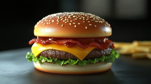 Tasty Cheeseburger with Crispy Bacon, Lettuce, and Baco