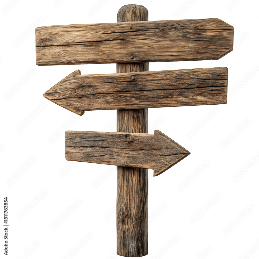 Poster wooden signpost with three arrows pointing in different directions. emphasizing guidance and navigat