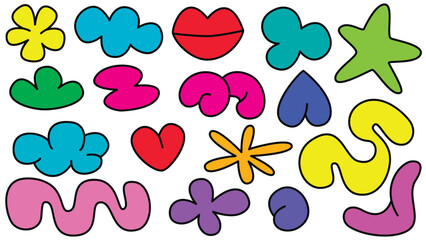Bright colors playful abstract shapes set. Cute bubbles collection. Design elements including heart, star, flower, wave and others. Vector graphics