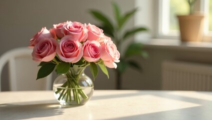 A bouquet of delicate pink roses in a clear glass vase, bathed in sunlight on a table