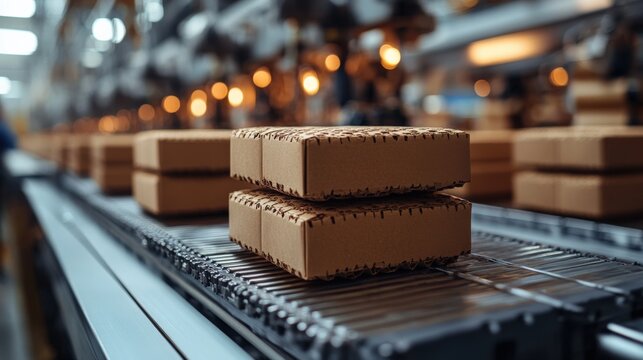 Stacked cardboard boxes on an assembly line in a busy warehouse, with warm lighting and machinery in the background