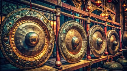 Obraz premium Vintage Gong Instrument, Antique Musical Percussion, Asian Style, Retro Photo, Musical Heritage