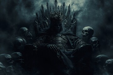 Fototapeta premium The Dark Throne: A formidable king sits on a throne crafted from dark and ominous materials, surrounded by skulls, conveying a chilling sense of power, dominance, and a touch of foreboding.