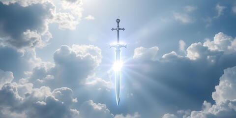  A Glowing Silver Sword Radiates in the Midst of a Divine, Cloud Formed Landscape with Heavenly Light