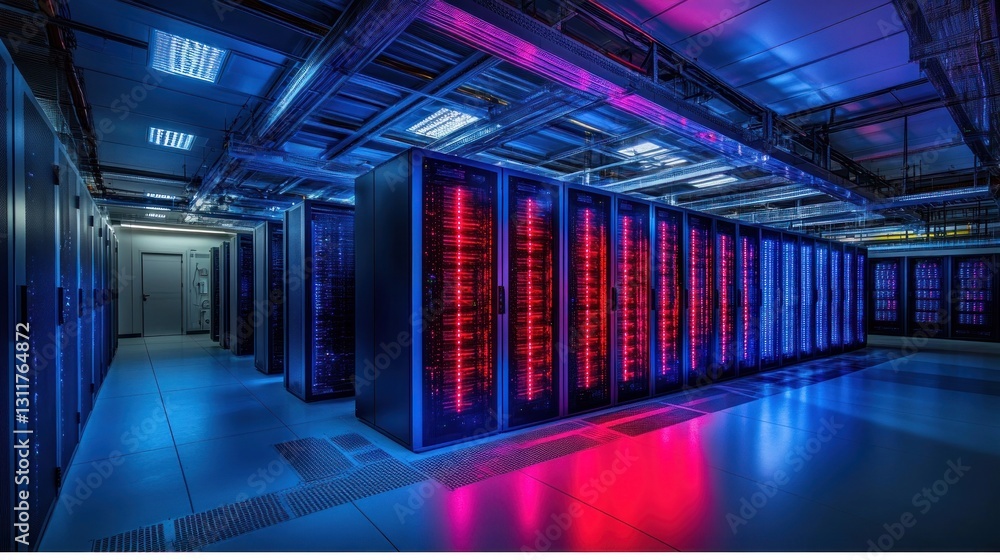 Poster inside a data center servers with rack rows and red blue lights