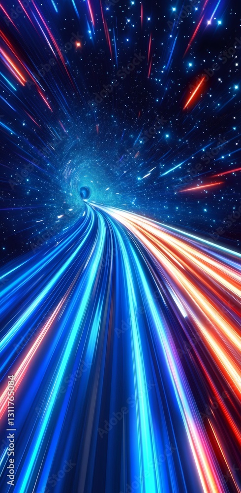 Poster cosmic highway: abstract digital art of a vibrant and dynamic tunnel of light, suggestive of the cos
