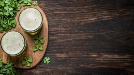 Green beer and shamrocks create a festive atmosphere on a wooden table, perfect for St. Patricks Day celebrations and gatherings